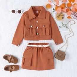 Clothing Sets 4-7Y Kids Girl Fall Outfits Solid Color Turn-Down Collar Long Sleeve Tops Elastic Waist Mini Skirts With Belt 2Pcs Clothes Set