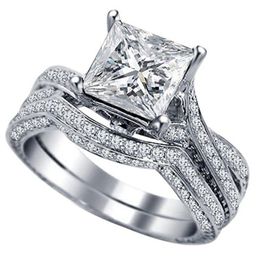 Vintage 10KT White gold filled 2ct square shape diamond CZ gemstone Rings set 2-in-1 Jewellery Cocktail wedding Band Ring finger For309q