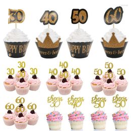 Festive Supplies Black Gold 30 40 50 60 Year Birthday Cupcake Toppers For Adult 30th 40th 50th Party Anniversary Cake Decoration Supplie