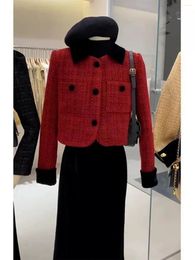 Two Piece Dress Autumn And Winter Women Red Suit Jacket Skirt Set Chic Age-reducing Beautiful Ladies Thick Coat Long Woollen Two-piece