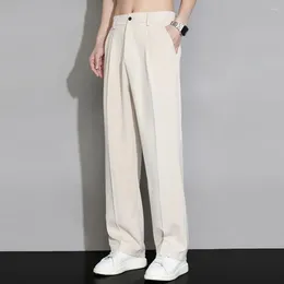 Men's Pants Pleated Line Decor Stylish Ice Silk Wide Leg Business Trousers With Elastic Waist Buttons Pockets Draped Thin