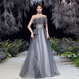 Party Dresses Celebrity Dress Strapless Beading Ladies Fairy Blue Grey A-Line Long Tulle Prom Gowns Formal Sequined Evening