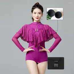 Stage Wear Women Rhinestones Ballroom Dance Tops 3 Colors Long Sleeve Ruffle Bodysuit Waltz Tango Dancing Performance Costume VDB7492