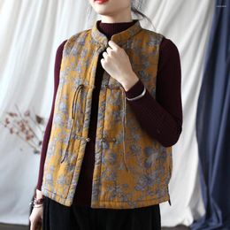 Women's Vests Women Winter 2023 Printed Vintage Padded Cotton Chinese Style Warm Clothes Elegant Coats Ethnic Waistcoat