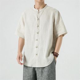 Men's Casual Shirts Vintage Linen Men Summer Short Sleeve Shirt Solid Color Fashion Chinese Style Button Design Male