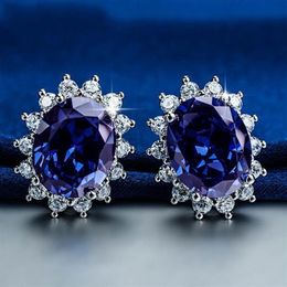 Princess Diana wedding earrings Jewelry Really solid 925 Sterling silver Oval Blue Sapphire Gemstone earrings Gift for Women Girlf1950