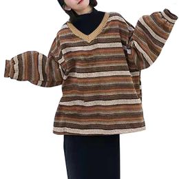 Women's Sweaters Striped Knitted Pullovers Sweater V-Neck Loose Long Sleeve Vintage Knitwear Female Fashion Colour Block Top Pull Femme