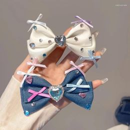 Hair Clips Cute Style Blue Bowknot With Heart-shaped Clip For Women Fabric Spring Clamp Accessories