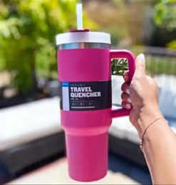 1Pc Ready To Ship 40oz Hot Pink Tumblers Cups Mugs With Handle Insulated Tumblers Lids Straw Stainless Steel Coffee Thermos Cup E1026