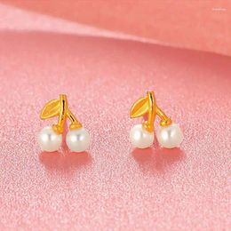 Stud Earrings Solid 999 24K Yellow Gold Pearl Sweet Cherry