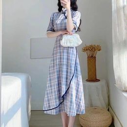 Ethnic Clothing 2023 Retro Improved Chinese Cheongsam Long Dress Summer Fashion Slimming Design Half Sleeve Plaid Qipao S745
