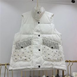 Women's Vests Diamond Flowers Decoration Big Pocket Short Down Cotton Vest Autumn Winter Women Stand Collar Sleeveless Warm Waistcoat