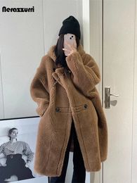 Women's Fur Faux Fur Lautaro Autumn Winter Long Oversized Brown White Blue Thick Warm Soft Teddy Coat Women with Hood Stylish Faux Fur OverCoat 231025