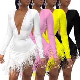 Casual Dresses ZKYZWX Sexy Feathers Mesh Women V-neck Full Sleeve Elasticity Bodycon Dress Fashion Streetwear Night Party Club Min292w