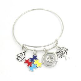 New Arrival Snap Jewellery Hope Ribbon Tree Lift Puzzle Autism Charm Expandable Wire Adjustable Snap Bangles Bracelet for women puls291Y