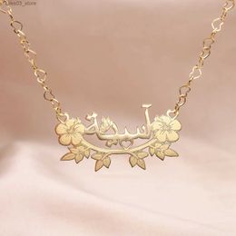 Pendant Necklaces Personalised Arabic Calligraphy Necklace 18K Gold Plated Flower Leaf Pendant Custom Name Pendant Lslamic Jewellery Gift For Her Q231026