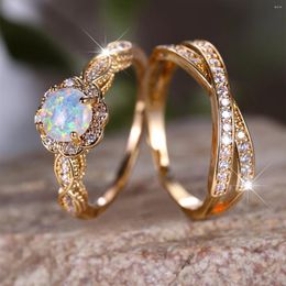 Wedding Rings 2 Sets Of 5-13 Size Gold Color Round Opal Classic Flowers For Women Gorgeous Inlaid Zircon Vintage Party Jewelry