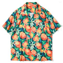 Men's Casual Shirts Hawaiian Fruit Orange Print Men Beach Wear Short Sleeve Tops Blouse Shirt Mens Clothes