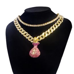 Pendant Necklaces Hip Hop Gold Lucky Bag & 18 Full Iced Out CZ Miami Cuban Chain 1 Row 16 Tennis Men Necklace Jewelry262S