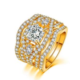 Whole Professional Luxury Jewellery 14KT White&Gold Fill Princess Cut White Topaz CZ Diamond Promise Micro 3 IN 1 Wedding Band R304i