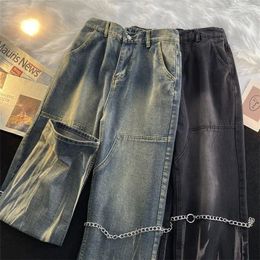 Men's Jeans High Street Hiphop Spring Autumn Straight Denim Pants Loose Tie-Dye Wide Leg Pockets Cowboy Chain Trousers
