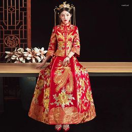 Ethnic Clothing Oversize 6XL Retro Chinese Marry Cheongsam High Quality Flower Phoenix Embroidery Long Bride Wedding Dress