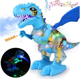 Battery Operated Walking Dinosaur Toys Spray Dino Toy with Light Music Roaring Sound Take Apart Game Transparent Gear