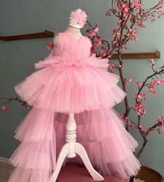 Girl Dresses Pink Tulle Flower Tiered Ruffles Children Birthday Gowns With Detachable Train Little Girls Kids Poshoot