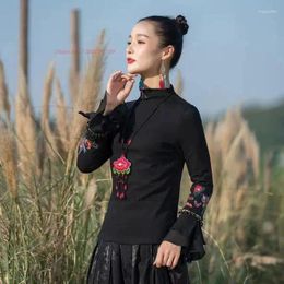 Ethnic Clothing 2023 Chinese Traditional T-shirt National Flower Embroidery Stand Collar Shirt Hanfu Tops Oriental Tang Suit Base
