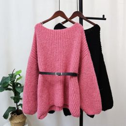 Women's Sweaters Women Oversized Sweater Pullovers With Belt Korean Style Loose Knitted Jumpers Autumn Winter Solid Slash Neck Female