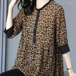 Women's T Shirts Clothing Loose Leopard Printed Vintage T-shirt Casual Summer Female Button Fashion Spliced Half Sleeve Tops Pullovers