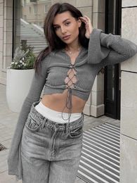 Women's Sweaters KLALIEN Knitted Flare Sleeve Crop Tops Women Autumn Sexy Lace Up Party Night Club Streetwear Pullover Slim Knitwear T-shirt