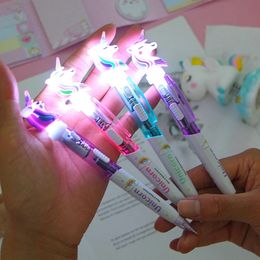 wholesale Cartoon Unicorn Light Pen LED Lights Silica Head Gel Pen Glowing Ballpoint Pen Student Stationery School Writing Gift Supplies blue ink