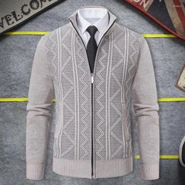 Men's Sweaters Men Autumn Winter Stand Collar Sweater Long Sleeve Pockets Zipper Placket Knitting Coat Ribbed Trim Wave Pattern