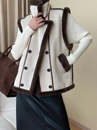 Women's Vests Autumn Winter Women Fashion Sleeveless Double Breasted Faux Leather Lamb Fur Jacket Vintage Thick Warm Vest