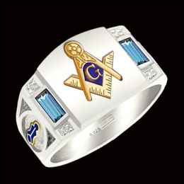 Men's 925 Sterling Silver Two-tone 18k Yellow Gold Ring Aquamarine Crystal Masonic Lodge mason Ring Band Size 7-14205e