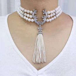 Chokers MADALENA SARARA 9 10mm Freshwater Pearl Natural White Brightness Three Rows Tassel Royal Queen Style Women Necklace 231025