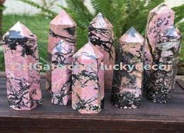 5Pcs Rare Black Pink Natural Rhodonite Single Terminated Point Rock Gemstone Tower Generator 6 Side Wand Obelisk Crystal Reiki Cha7750620
