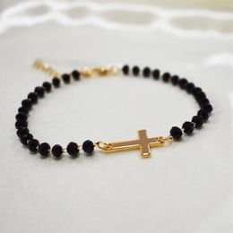 Charm Bracelets 2021 Fashion Exquisite Black Beades Cross Bracelet Gold Color Metal Chain For Women Men Party Gifts Jewelry262O