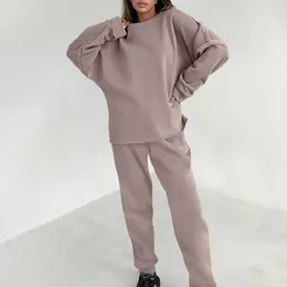 Women's Two Piece Pants Clinkly Drop Shoulder Terry Knitwear Sweatsuits Pieces Casual Sets Pleated Pullover Tops Jogger Women 2-piece Suit