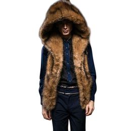 Winter Hooded Faux Fur Vest Men Sleeveless Hairy Thicken Warm Jacket Outerwear Coat Male Plus Size S-3XL Waistcoat221M