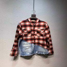 Men Red Plaid Flannel Patchwork Denim Distressed Shirt Oversize Fit Men's Casual Shirts3377