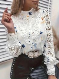 Women's Blouses Fashion Women Flower Print Shirts Hollow Out Design Lace Button Decor See Through O-Neck Long Sleeve Slim Cardigan Top