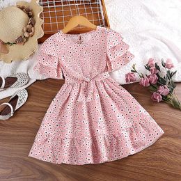 Girl Dresses Summer 2023 Arrival Girls Short Sleeve O Neck Ruffles Floral Pink Roupa Infantil Menina Cute Party Dress Custume 4-7T