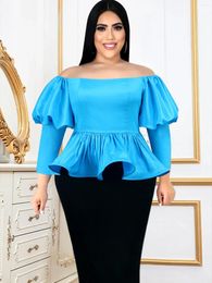 Women's Blouses Blue Peplum Tops Women Off Shoulder Puff Long Sleeve High Waist Slim Fit Evening Birthday Cocktail Party Pullover