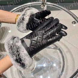 Designer Metal Triangle Gloves Autumn Winter Fur Mittens Luxury Black Leather Gloves Women Plush Touch Screen Skin Gloves