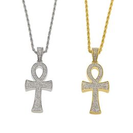 Egyptian Ankh Key of Life Gold Silver Cross Pendant Necklace Chain Bling Full Rhinestone Crystal Cross Pendant Punk Jewelry308b