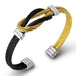 Titanium Steel Men's ed Cable Wire Bracelets & Bangles Unisex Punk Jewellery Black France Cuff Knot Bracelet Whole Ban290n