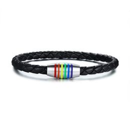 Black Pride Genuine Leather Bangles Rainbow Gay Lesbian Bracelet Stainless Steel Jewellery With Magnetic Clasp PB-014B2642