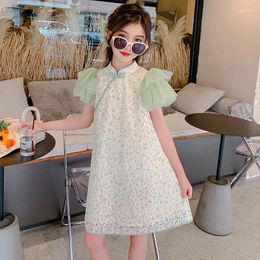 Ethnic Clothing Girls' Cheongsam Dress Summer Thin Chinese Style Children's Hanfu Lace Sweet Princess Loose Fit Green Cotta Lovable Ventilat